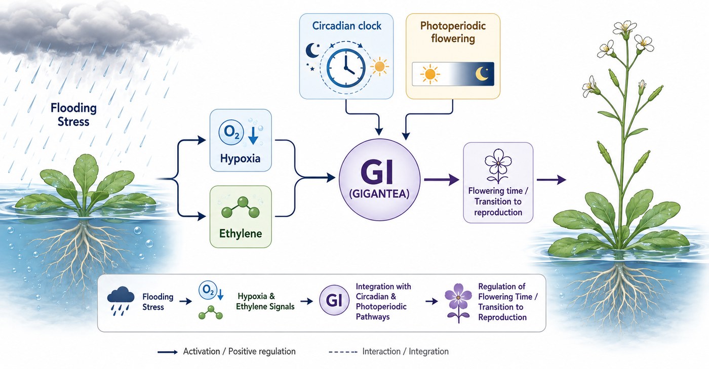 Diagram of a flooded Arabidopsis plant whose hypoxia and ethylene signals converge on GIGANTEA, which integrates circadian clock and photoperiodic flowering input to set flowering time.